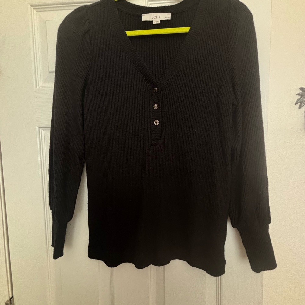 LOFT Black Ribbed V-Neck Sweater Top